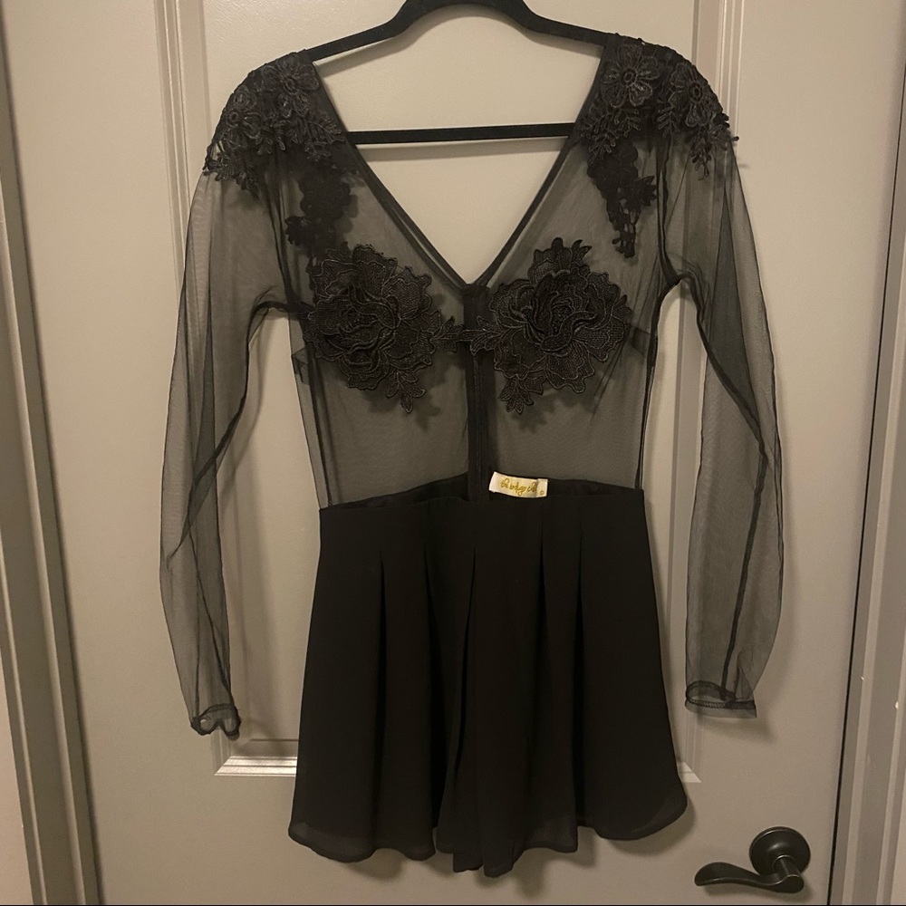 Black satin lace romper